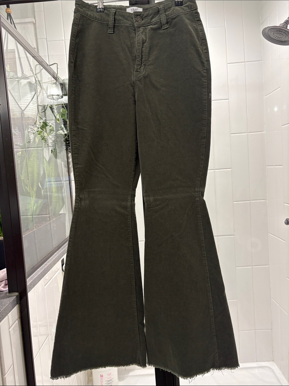YMI Olive Green Flared Jeans with Raw Hem